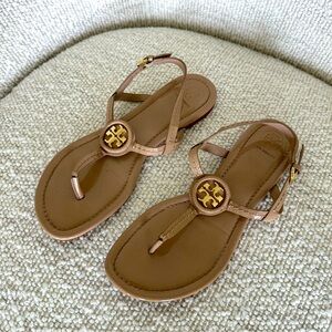 Tory Burch Taupe Leather Logo Embellished Flat Thong Slingback Sandals